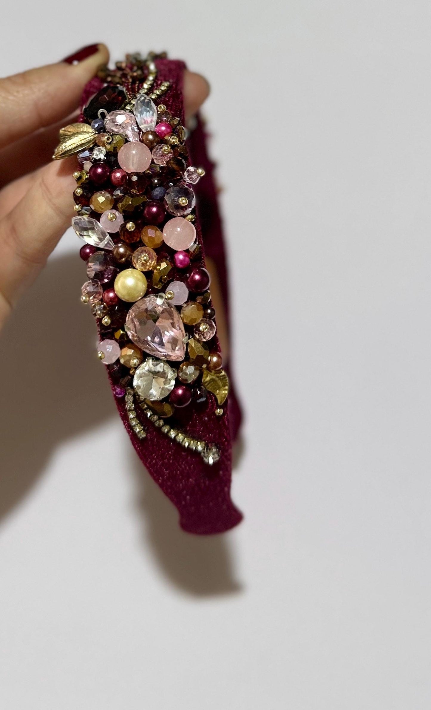 Handmade Velvet Beaded Headband and Earrings: Bridal Crystal Pearl Jewelry