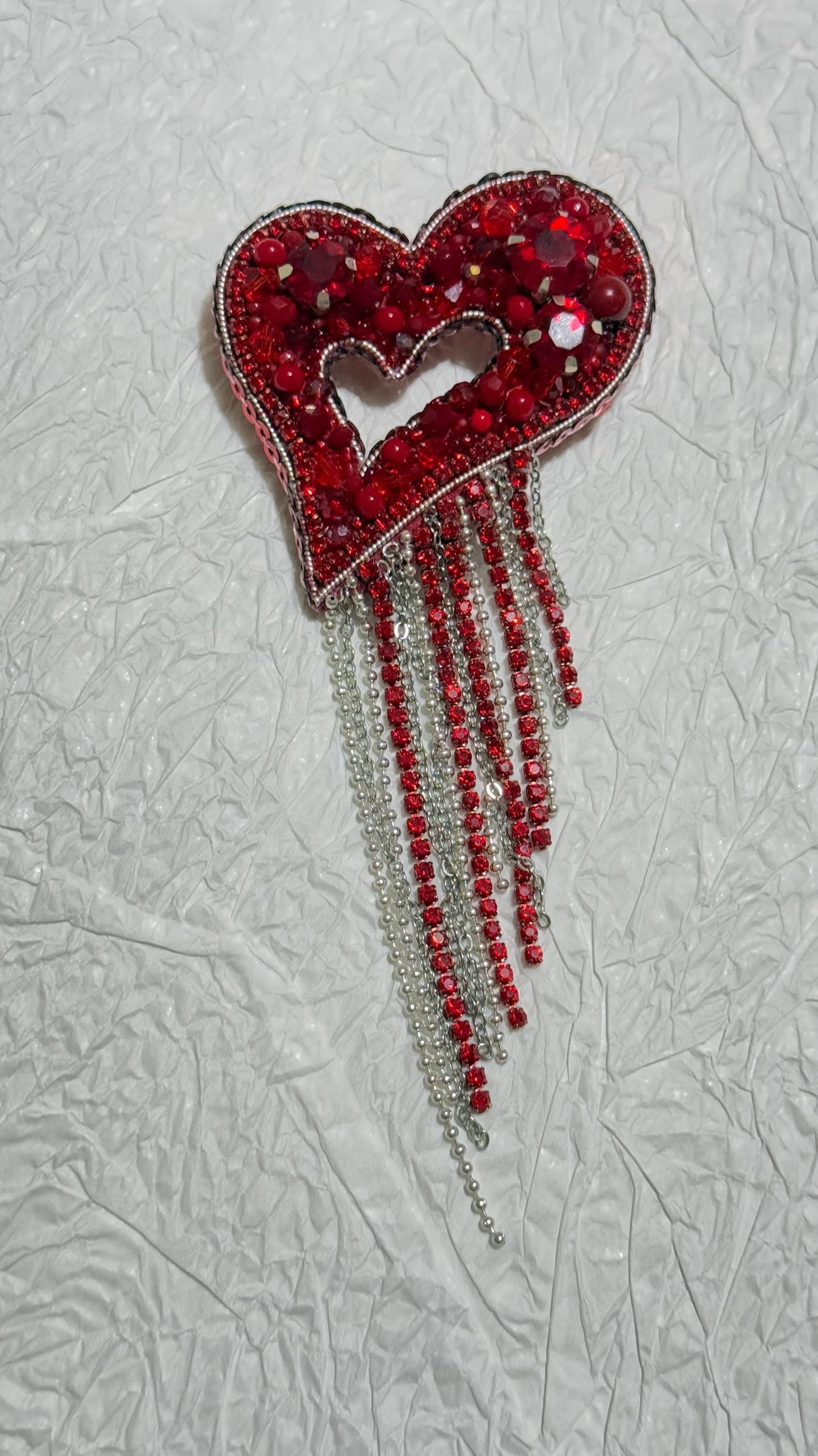 Handmade Beaded Heart Brooch: Red Rhinestone Pin with Dangling Chains