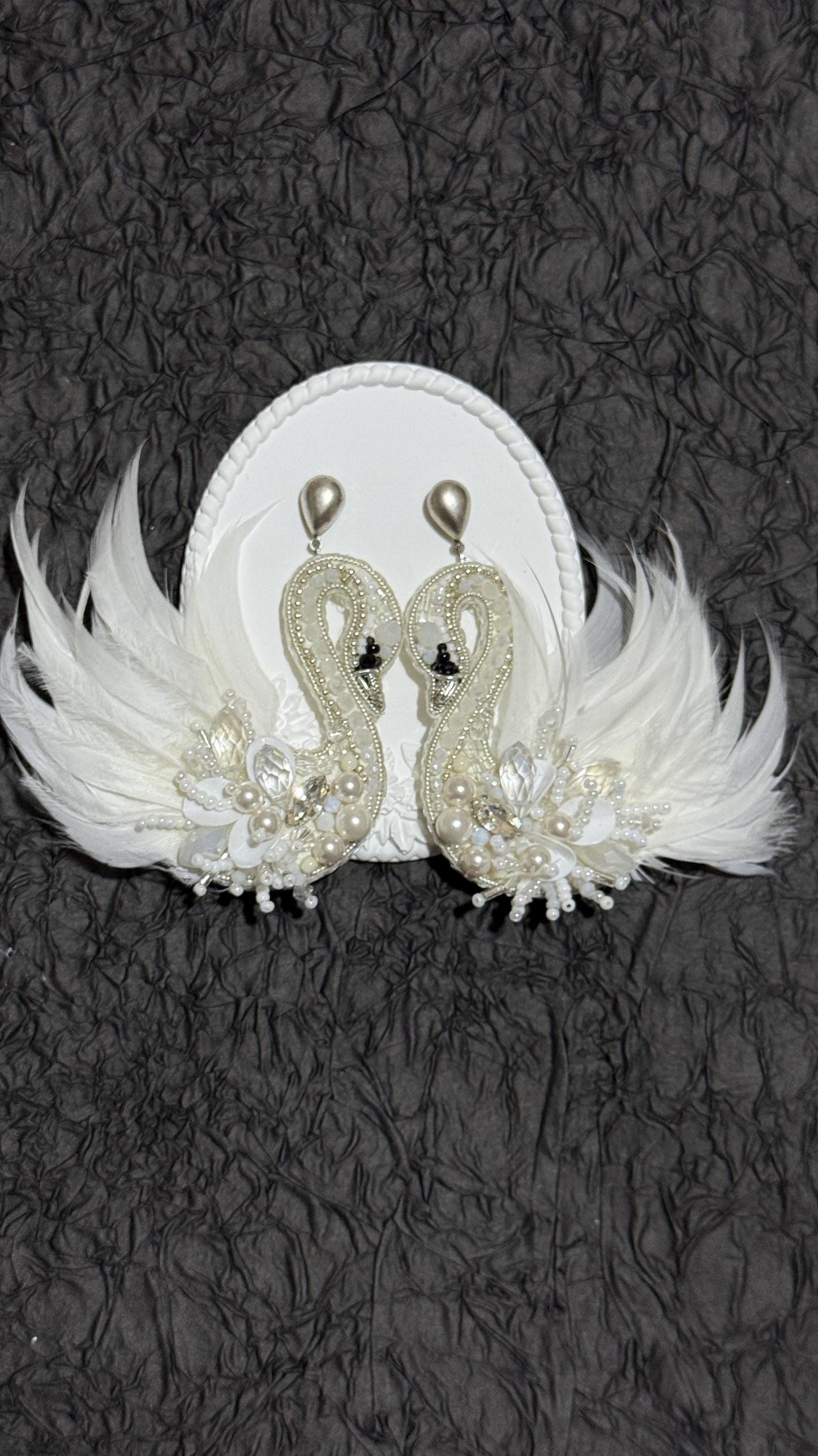 Handmade Swan Dangle Earrings: Pearl Feather Bridal Jewelry