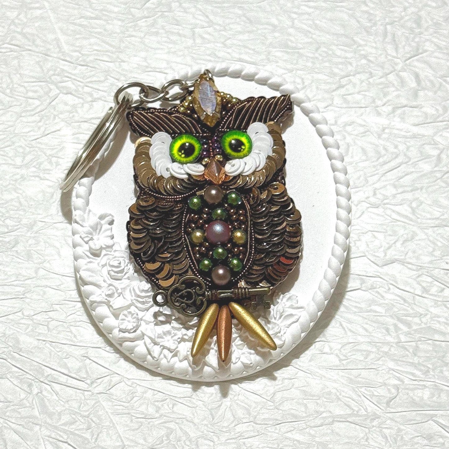 Handmade Beaded Owl Keychain: Pearl & Crystal Bag Charm