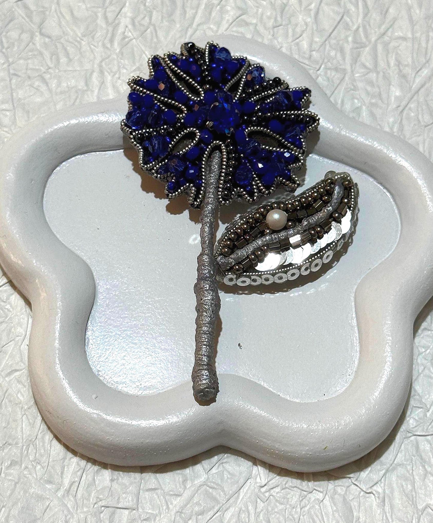 Handcrafted Blue Crystal Floral Brooch - Elegant Beaded Flower Pin