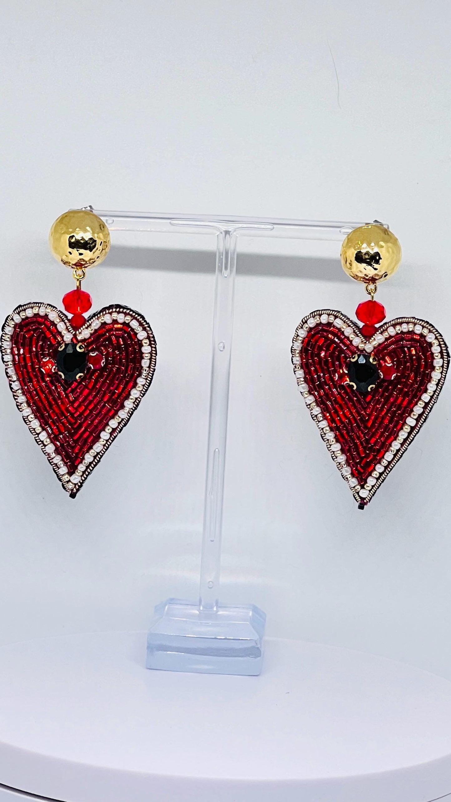 Handmade Red Heart Beaded Earrings: Pearl Crystal Statement Jewelry