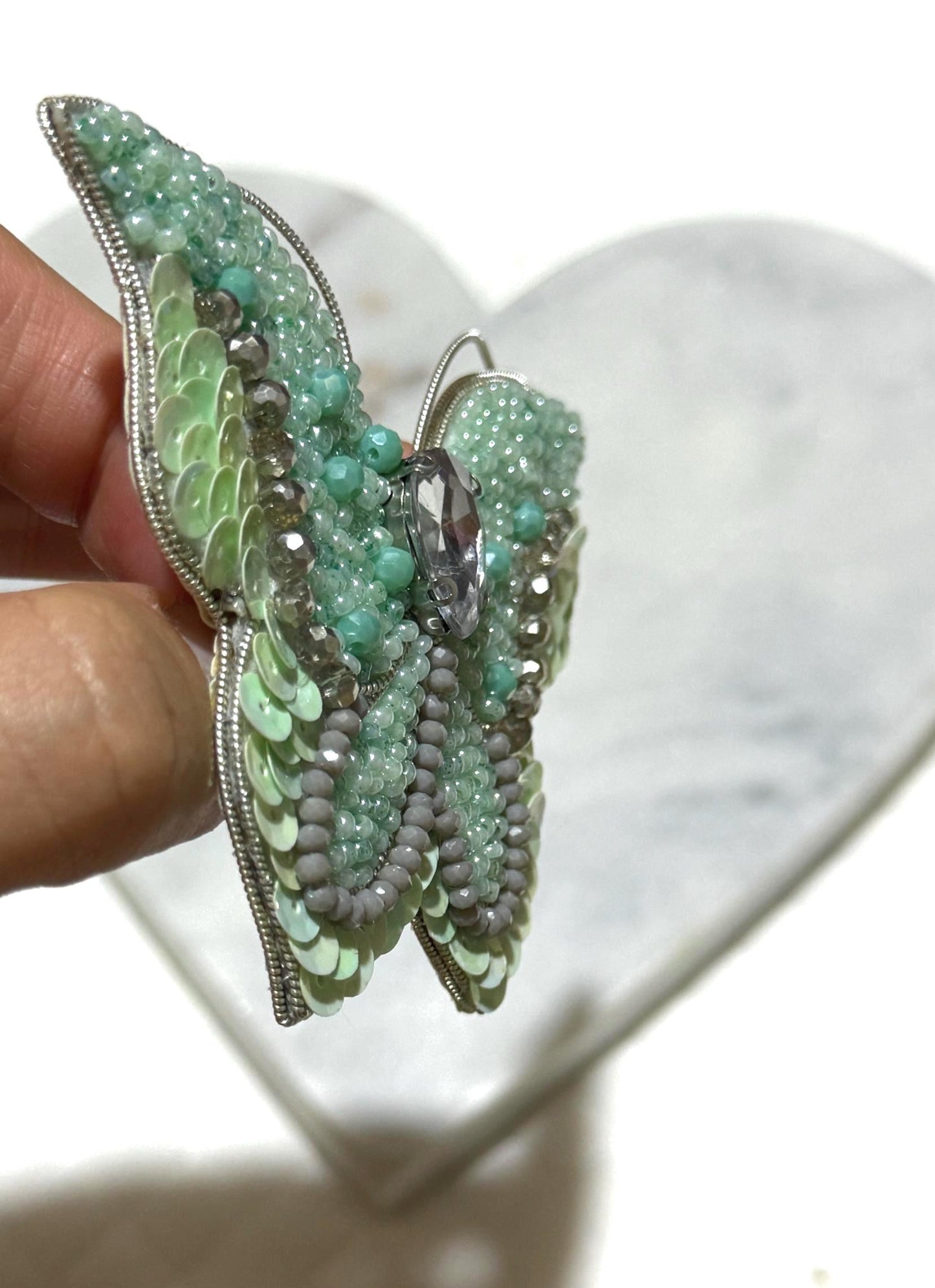 Handmade Mint Green Butterfly Brooch: Beaded Crystal Pin