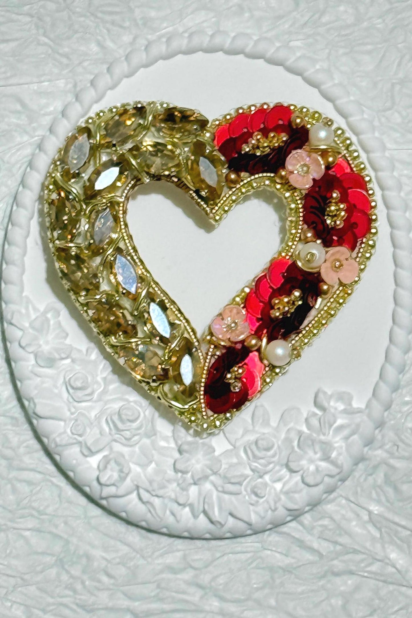 Handmade Beaded Heart Brooch: Gold & Red Valentine's Day Pin