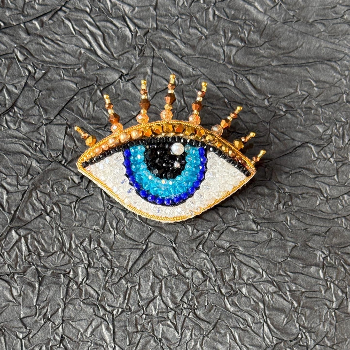 Handmade Beaded Evil Eye Brooch: Blue & Gold Amulet Pin