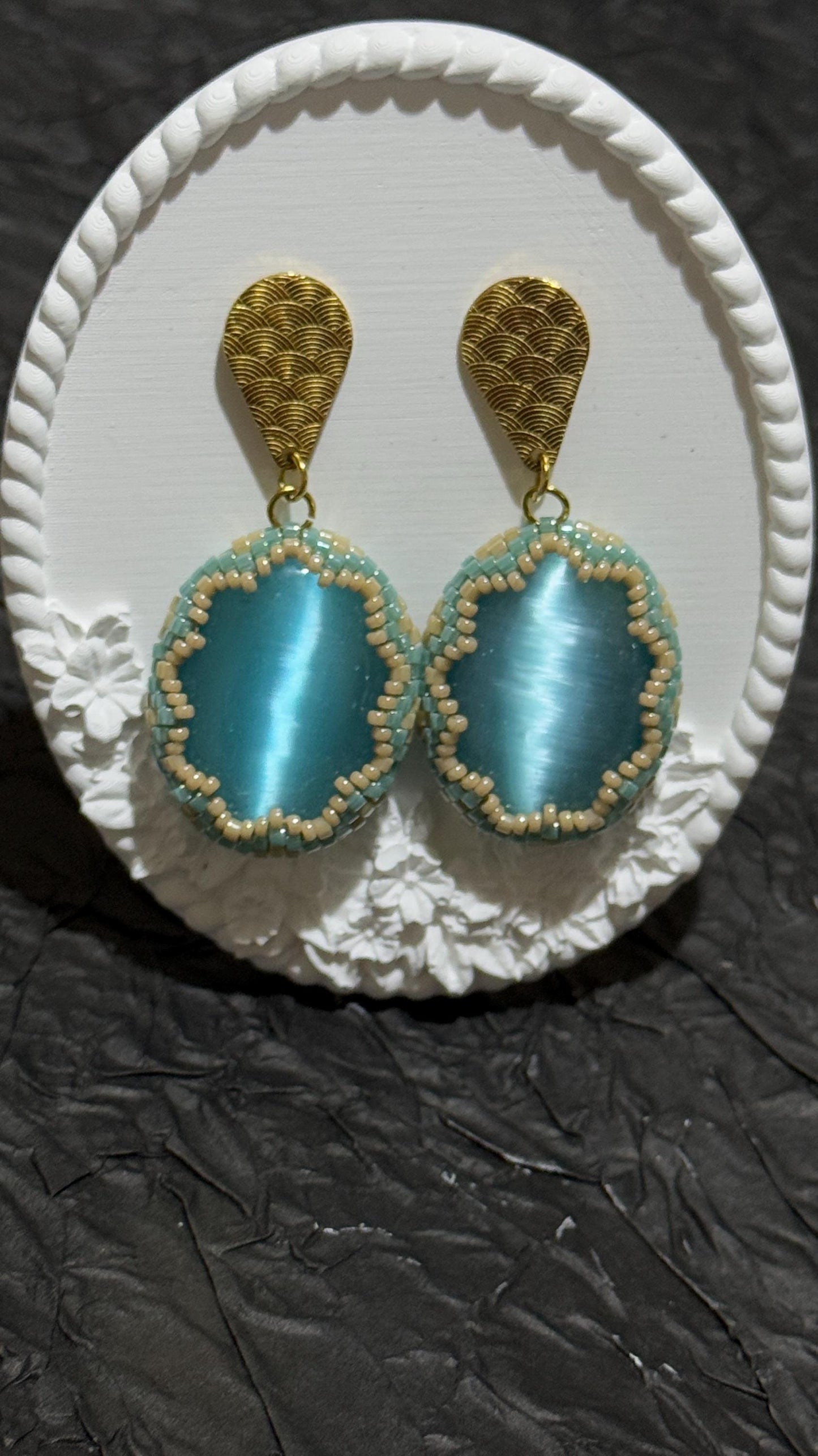 Gold-Plated Blue Cat Eye Earrings | Handcrafted Beaded Jewelry