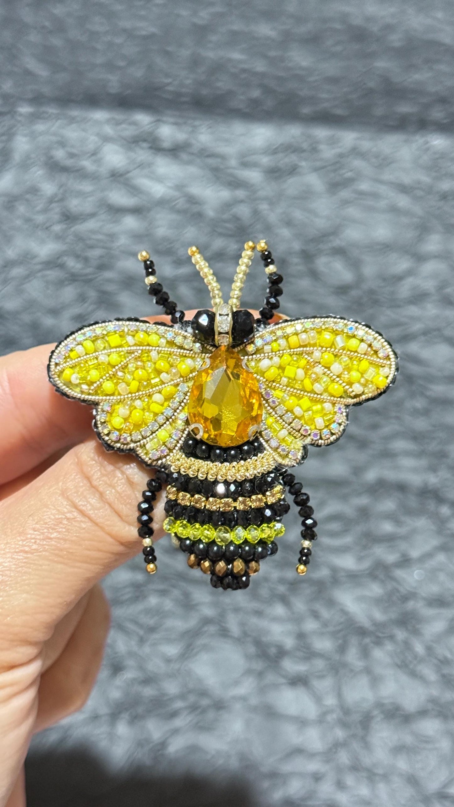 Handmade Beaded Bee and Crown Brooch Set: Yellow Crystal Pins