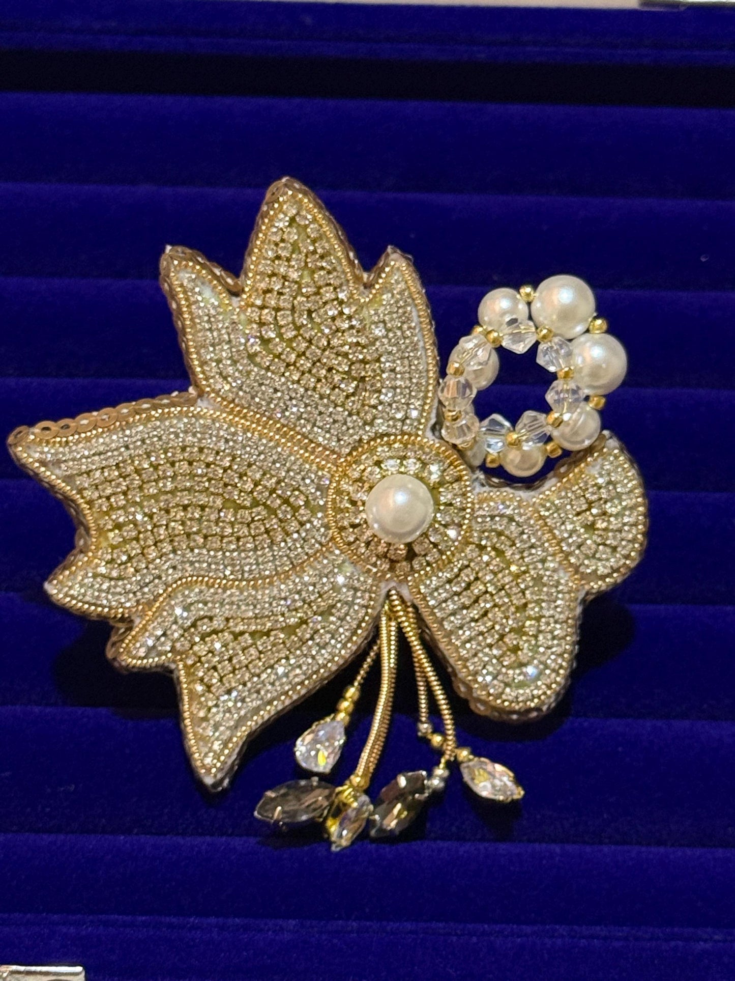 Handmade Beaded Maple Leaf Brooch | Pearl & Crystal Pin