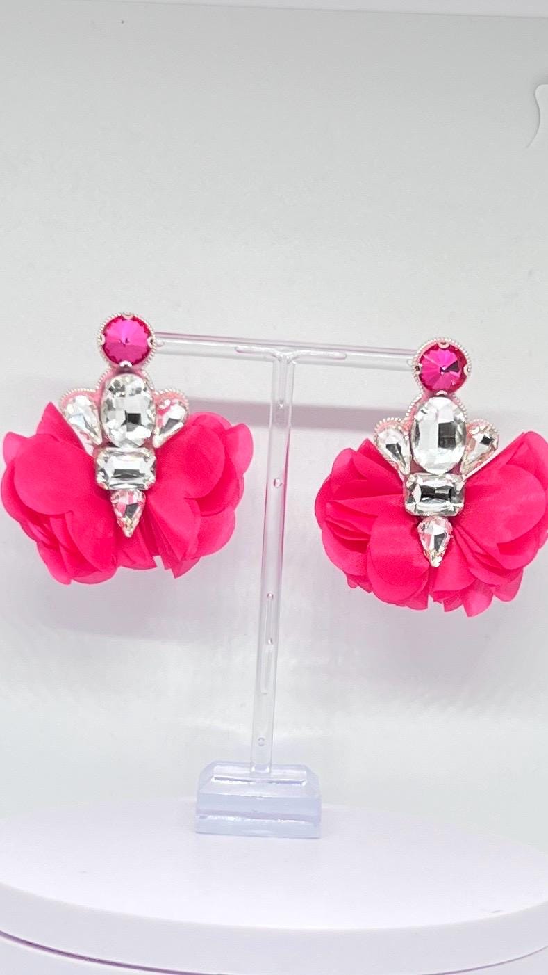 Statement Pink Crystal Flower Earrings – Handmade Glamorous Drop Earrings for Special Occasions