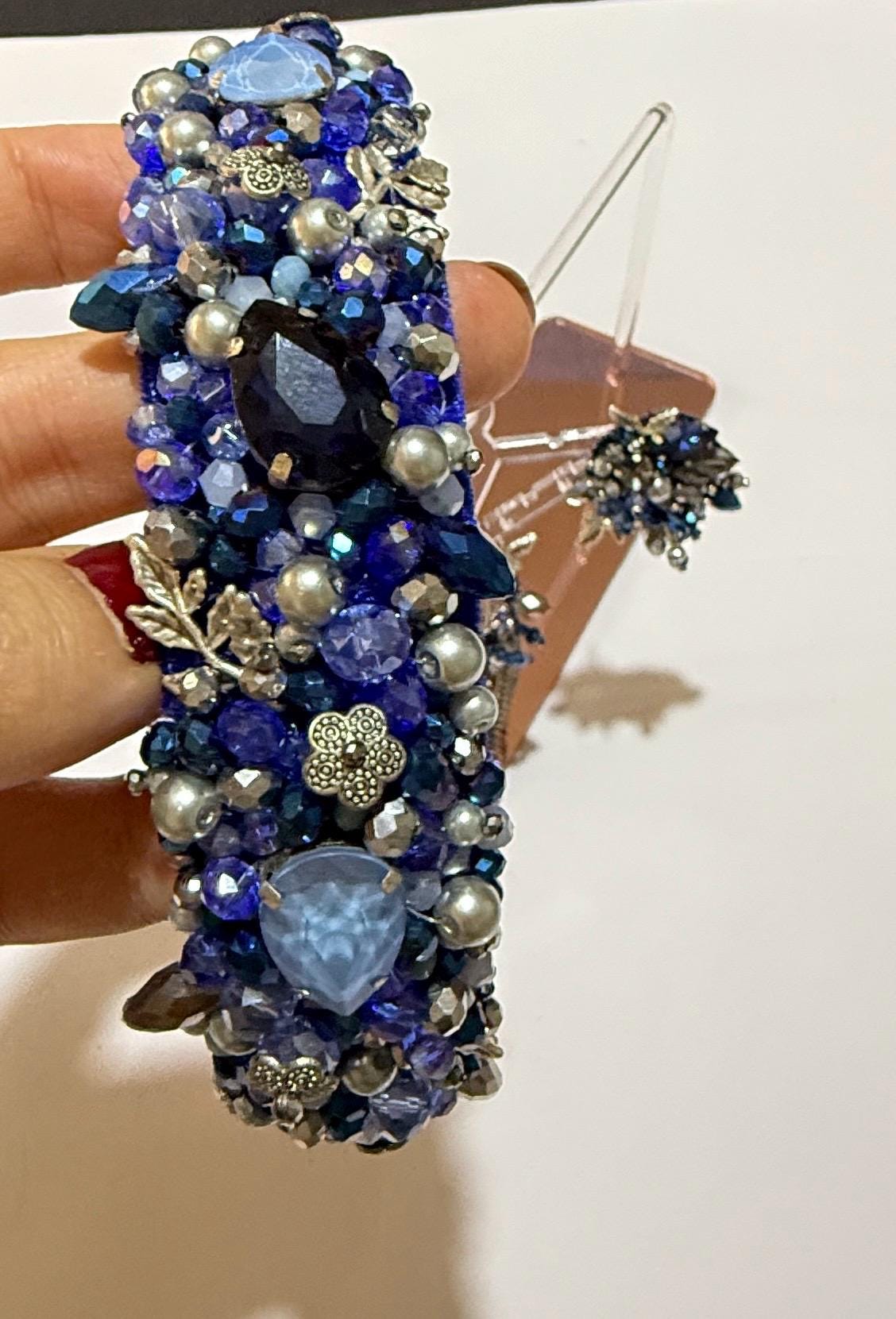 Handmade Blue Beaded Headband with Crystal Dangle Earrings