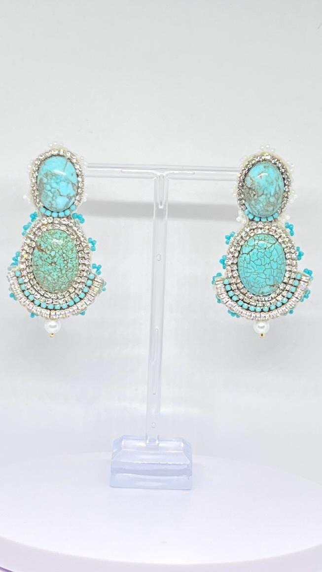 Turquoise Gemstone Statement Earrings - Hand-Beaded Crystal Drop Dangle Earrings