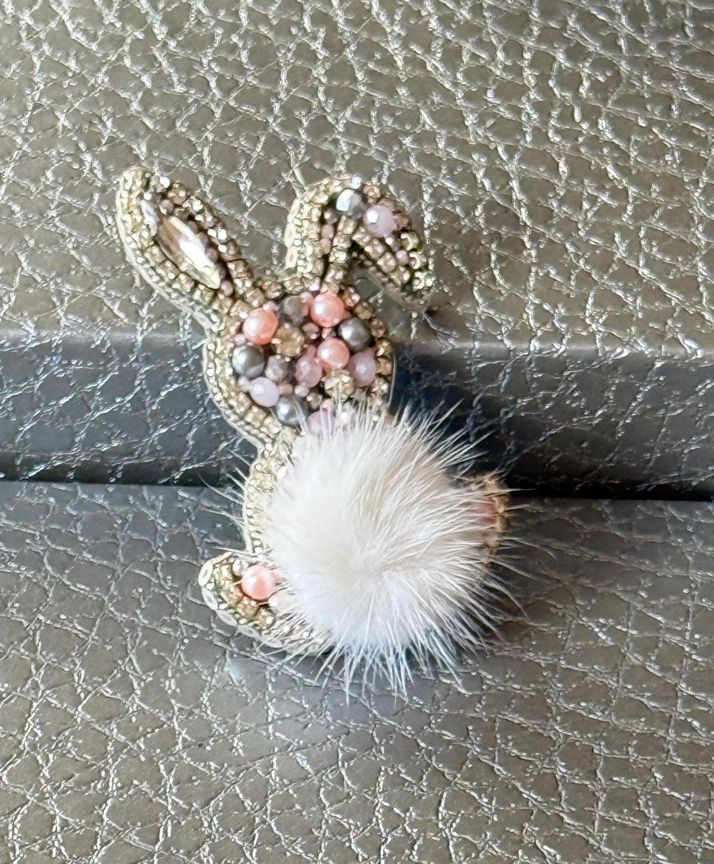 Handmade Beaded Bunny Brooch: Faux Fur Tail, Easter Pin