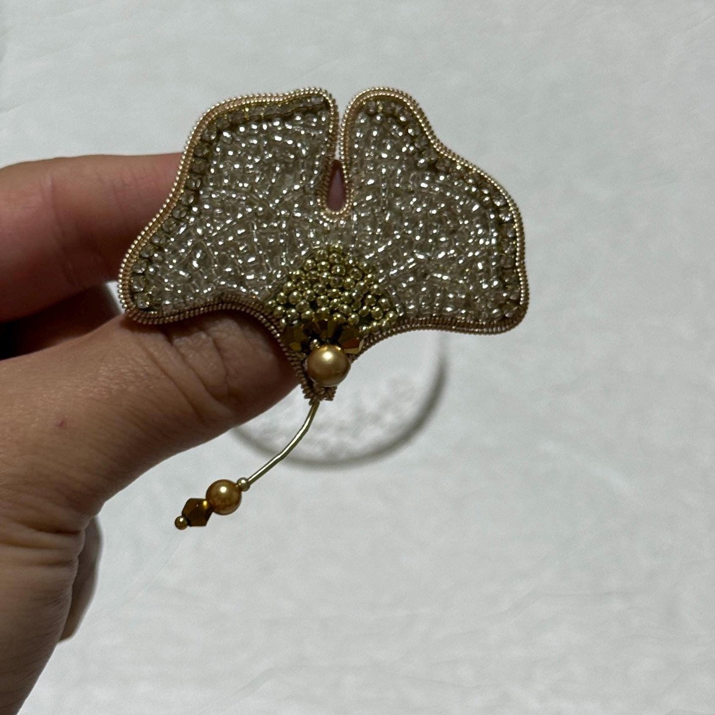 Ginkgo Leaf Beaded Brooch – Handcrafted Statement Pin