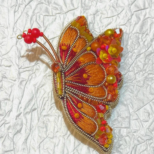 Handmade Beaded Butterfly Brooch: Embroidered Orange & Gold Pin