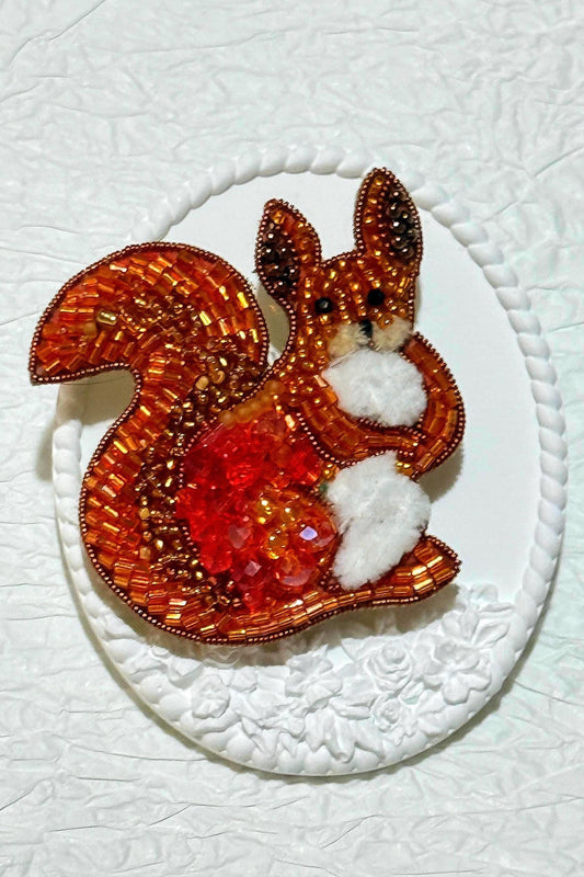 Handmade Beaded Squirrel Brooch: Autumn Woodland Animal Pin