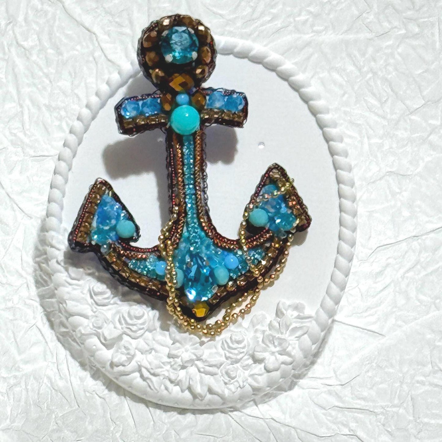 Handmade Beaded Anchor Brooch: Blue Crystal Nautical Pin