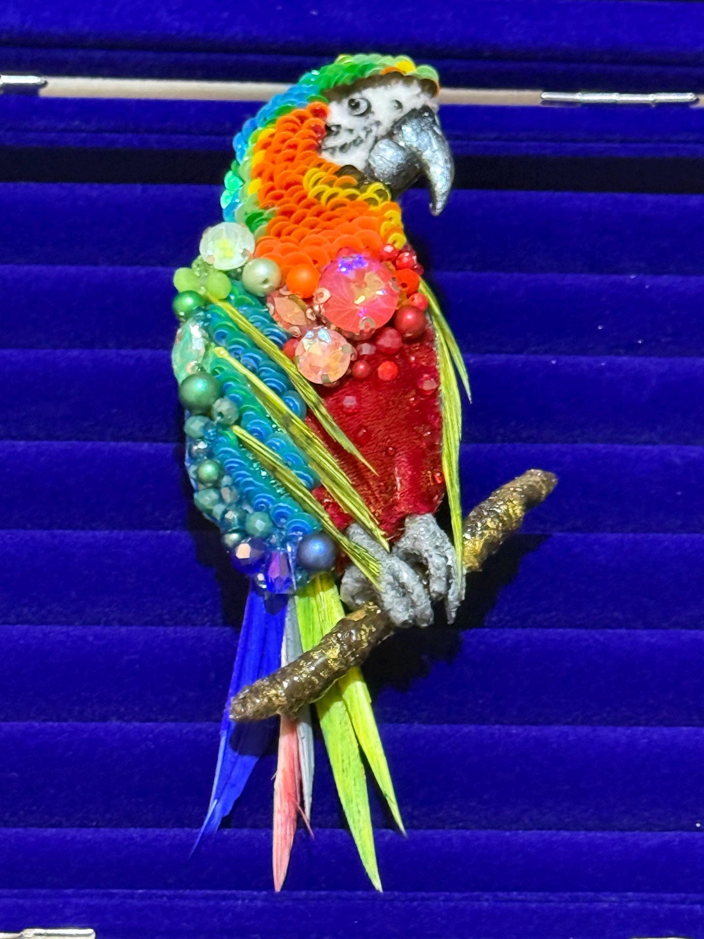 Handmade Beaded Parrot Brooch – Sequin & Crystal Bird Pin