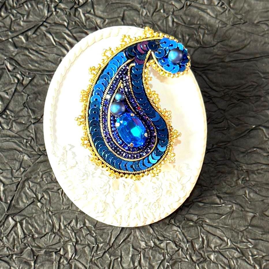 Handmade Blue Paisley Brooch: Beaded Indian Style Statement Pin