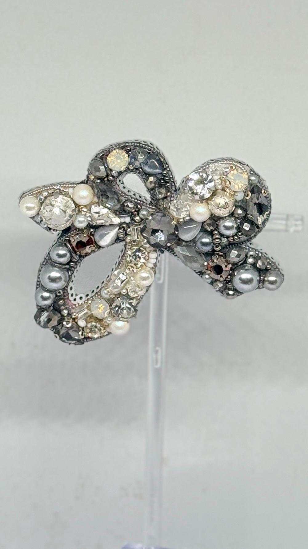 Handmade Crystal Bow Brooch: Beaded Pearl Silver Statement Pin