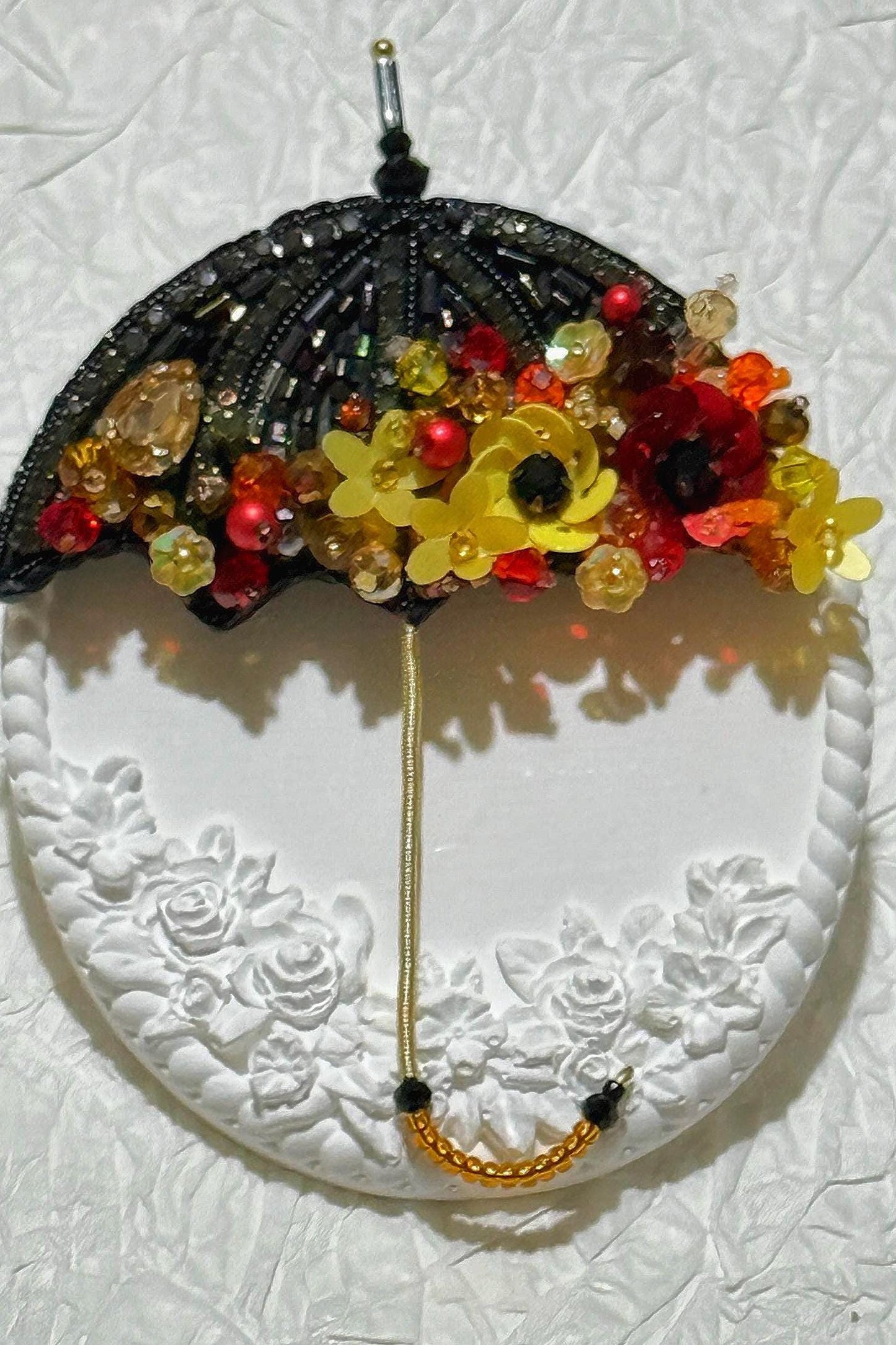 Handmade Beaded Umbrella Brooch: Floral Jewelry Pin with Yellow & Red Accents