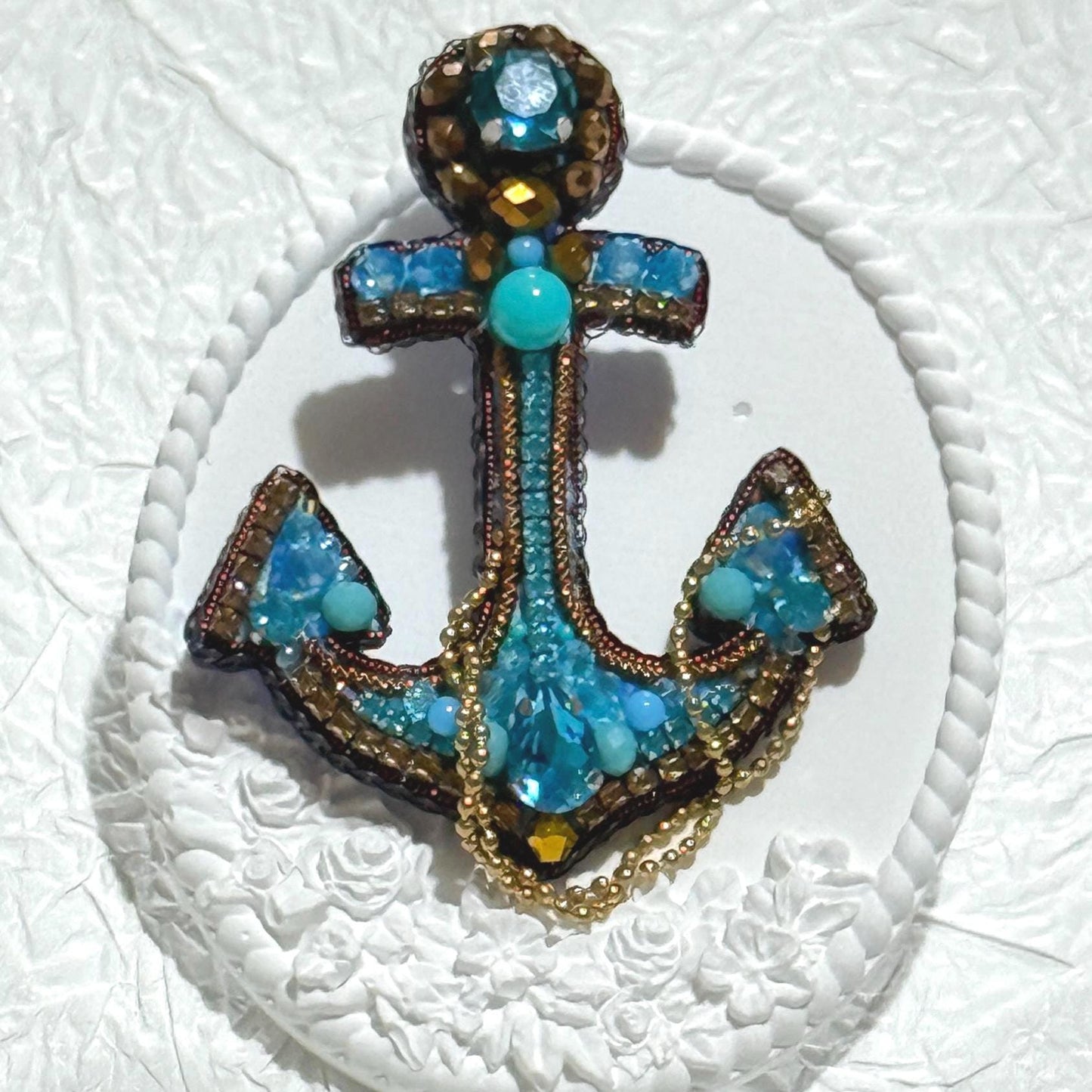 Handmade Beaded Anchor Brooch: Blue Crystal Nautical Pin