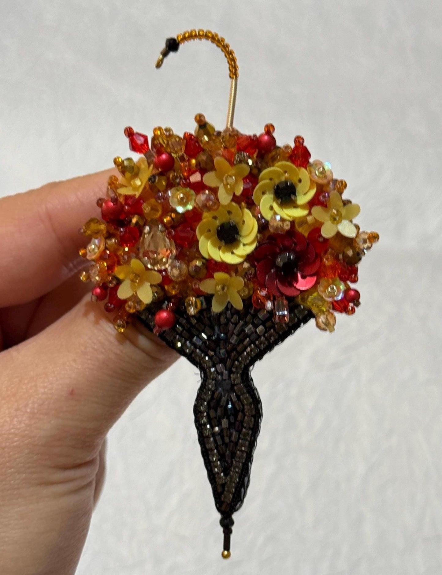 Handmade Floral Umbrella Brooch: Beaded Sequin Statement Jewelry