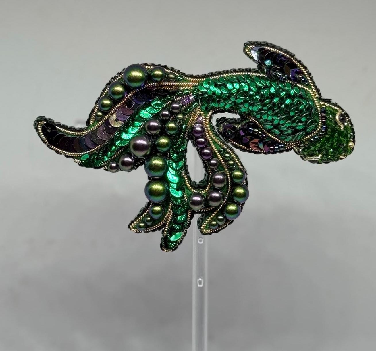 Handmade Beaded Fish Brooch: Embroidered Green Koi Pin