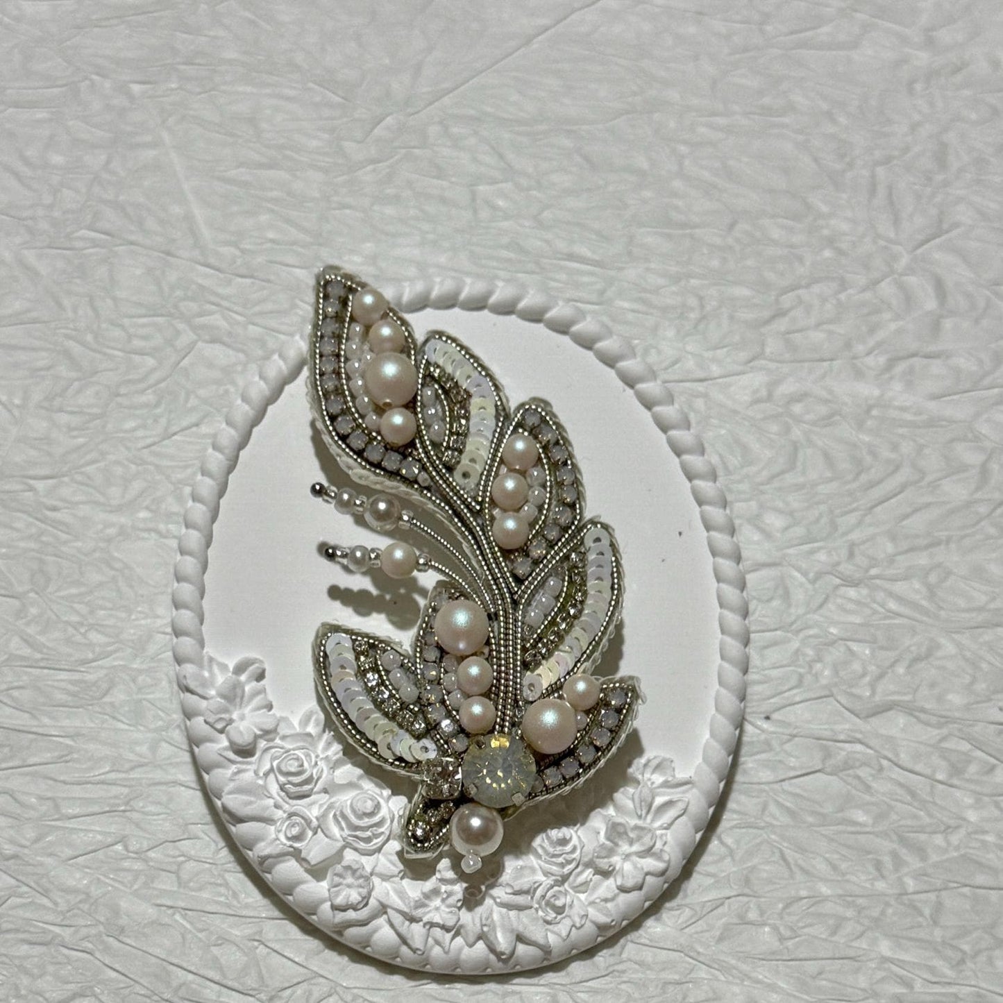 Handmade Beaded Feather Brooch: Pearl & Crystal Wedding Pin