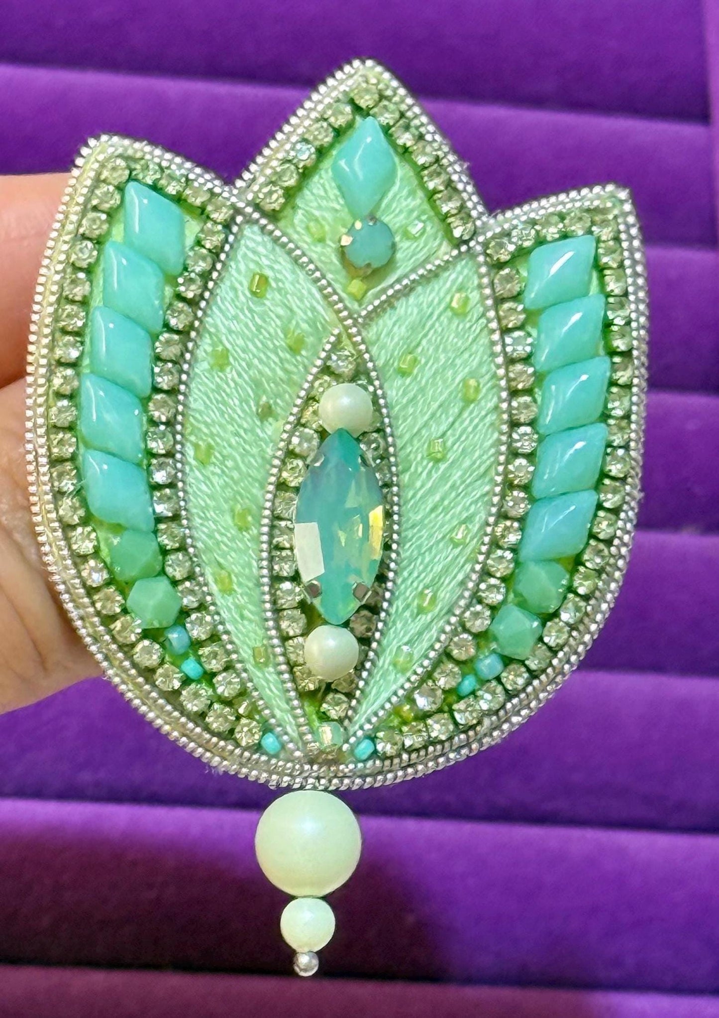 Handmade Beaded Tulip Brooch: Crystal Floral Statement Pin