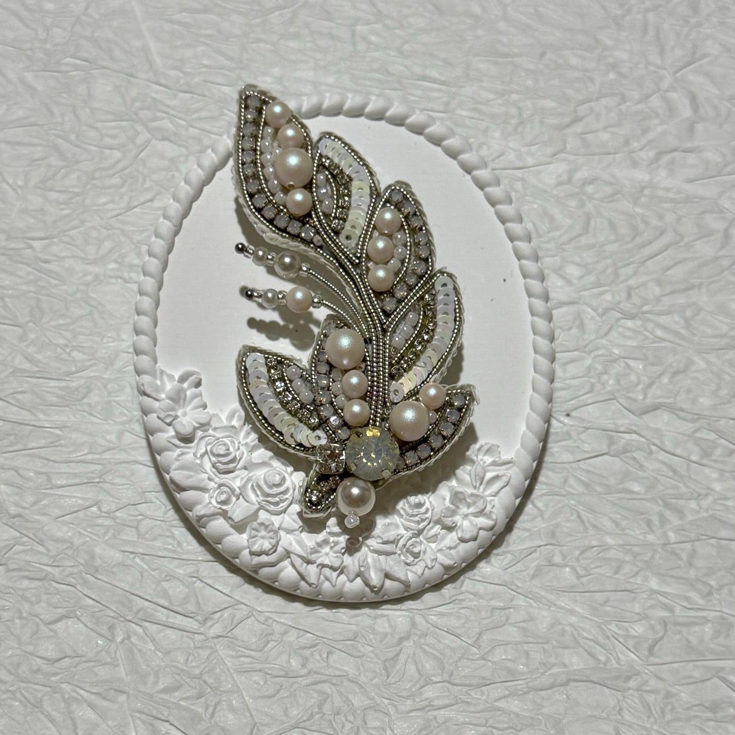 Handmade Beaded Feather Brooch: Pearl & Crystal Wedding Pin