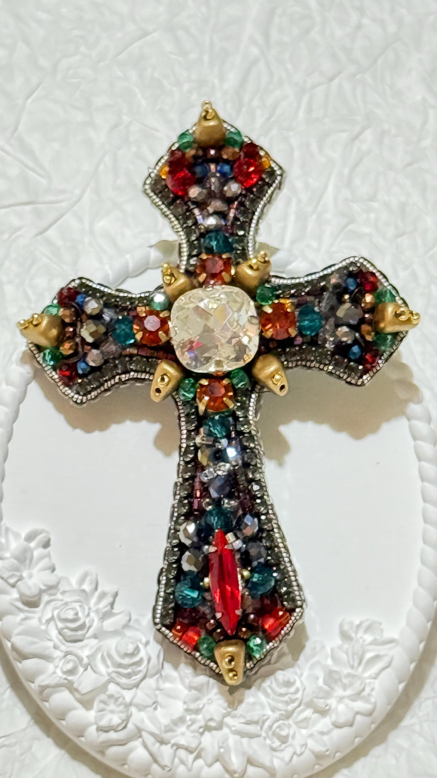 Handmade Beaded Cross Brooch: Colorful Swarovski Crystal Religious Pin