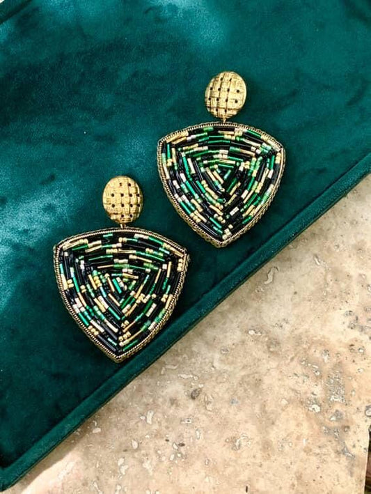 Handmade Beaded Triangle Drop Earrings | Art Deco Statement Jewellery
