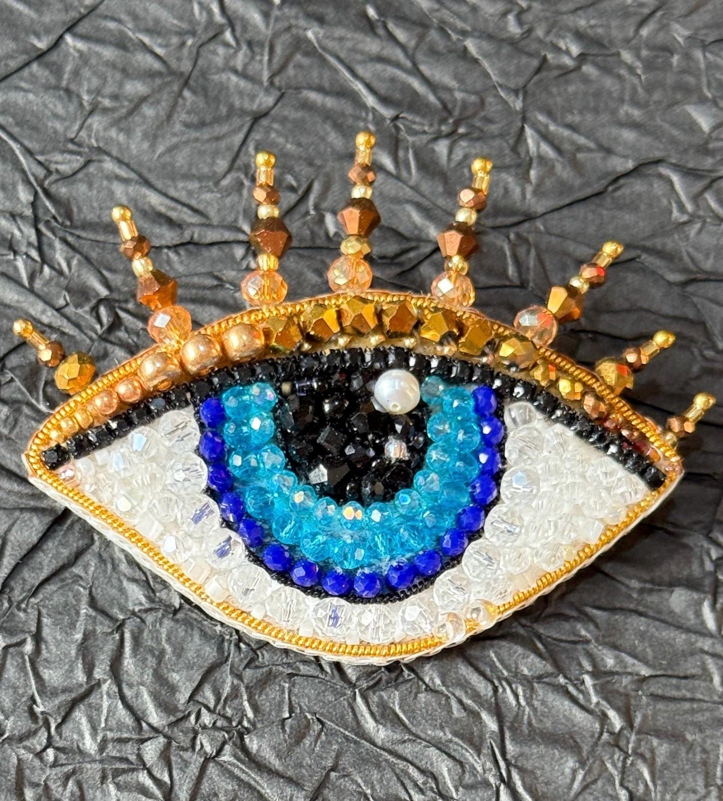 Handmade Beaded Evil Eye Brooch: Blue & Gold Amulet Pin