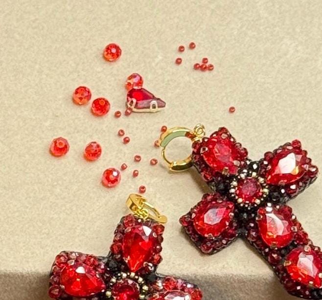 Handmade Red Crystal Cross Earrings: Gothic Religious Jewelry