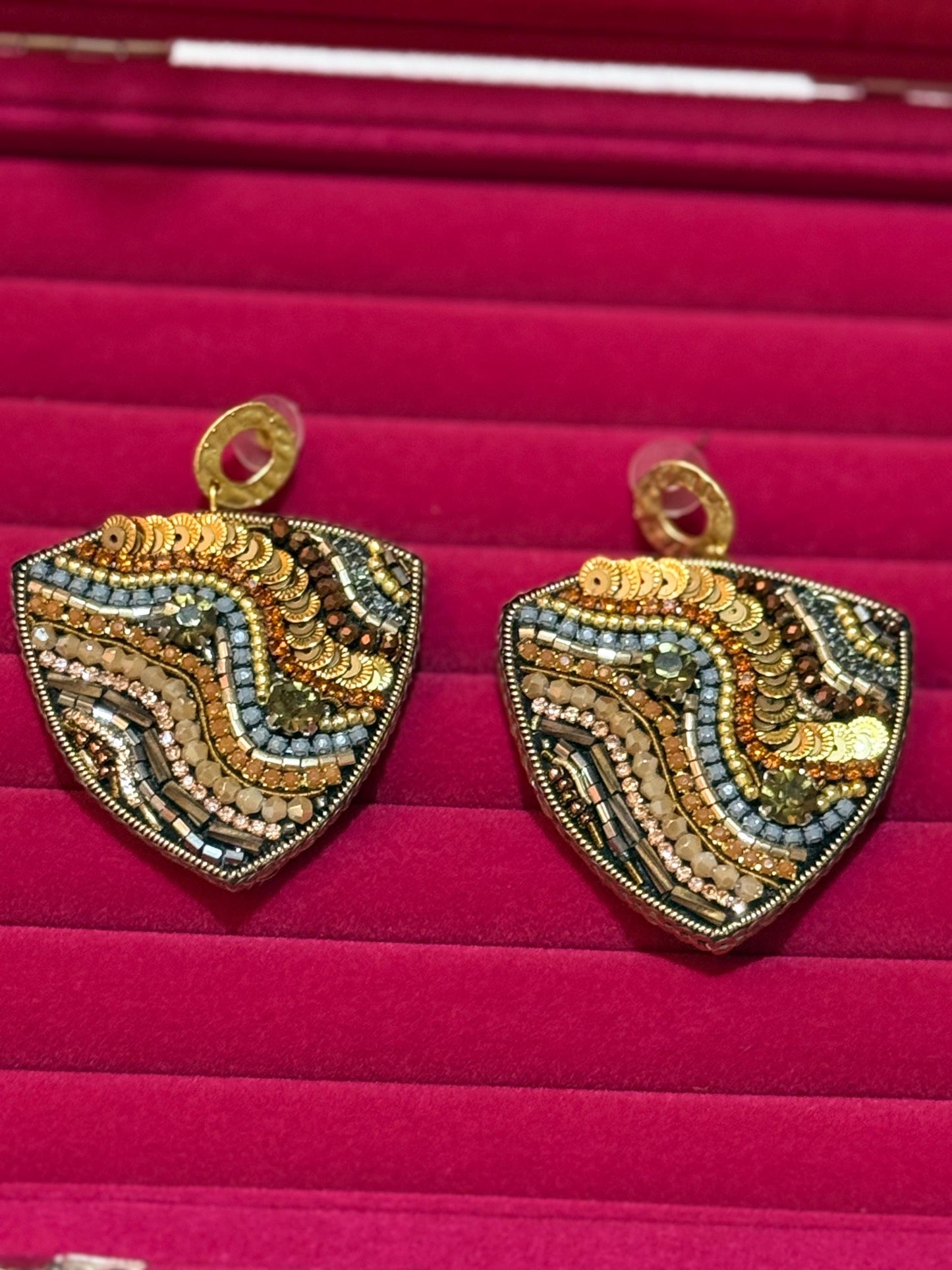 Handmade Beaded Statement Earrings | Bronze, Gold, Olive Czech Glass Beads
