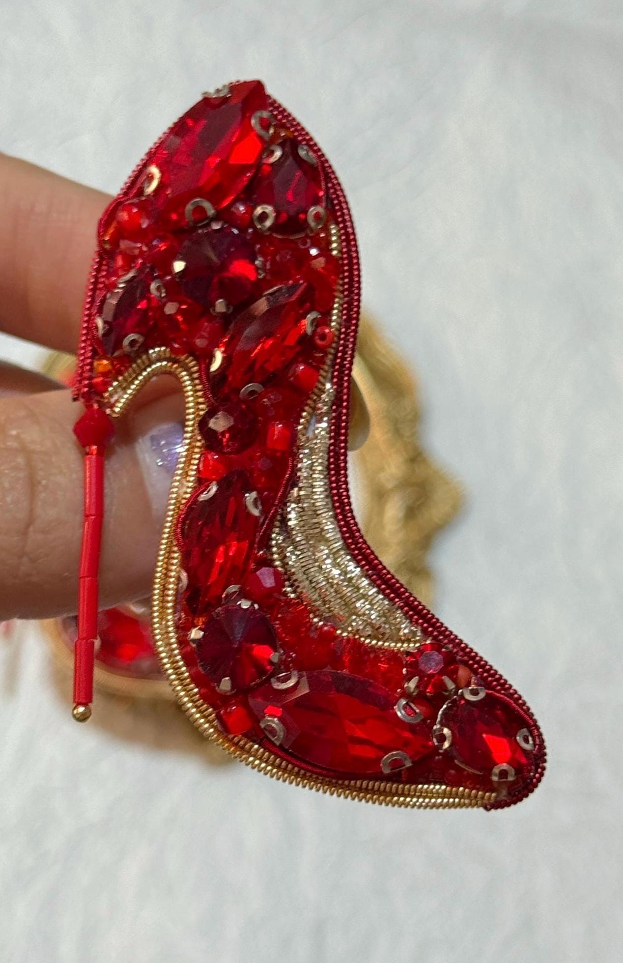 Handmade Red High Heel Brooch: Beaded Rhinestone Shoe Pin