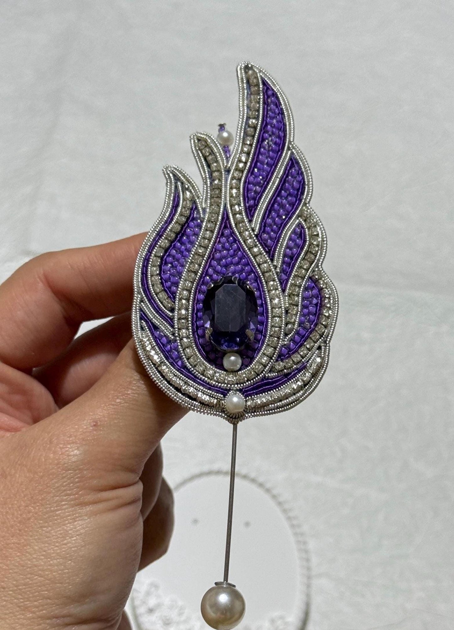 Handmade Purple Lotus Brooch: Beaded Crystal Statement Pin