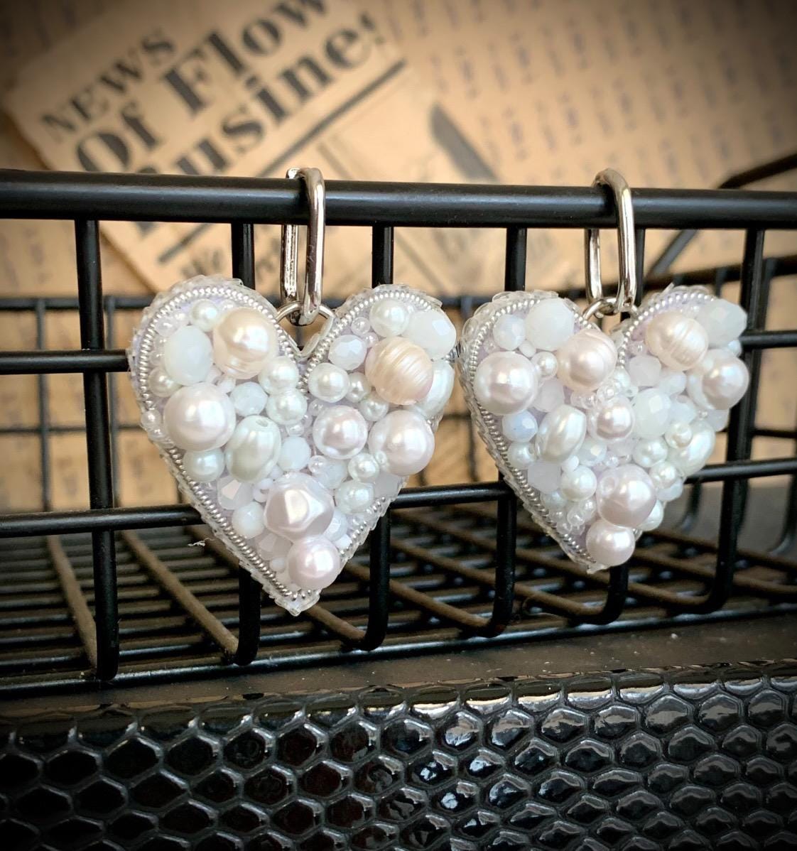 Handmade Beaded Heart Earrings: Pearl, Crystal & Gemstone Dangle Jewelry