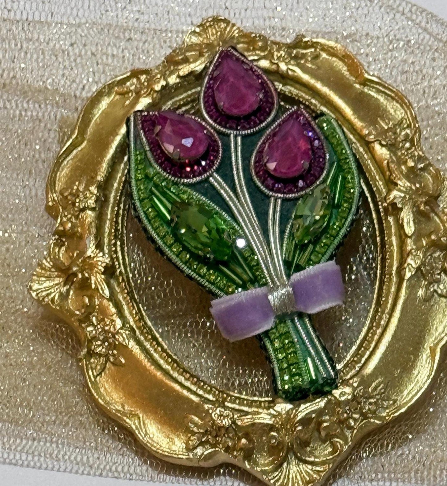 Handmade Beaded Tulip Brooch: Crystal Velvet Flower Pin