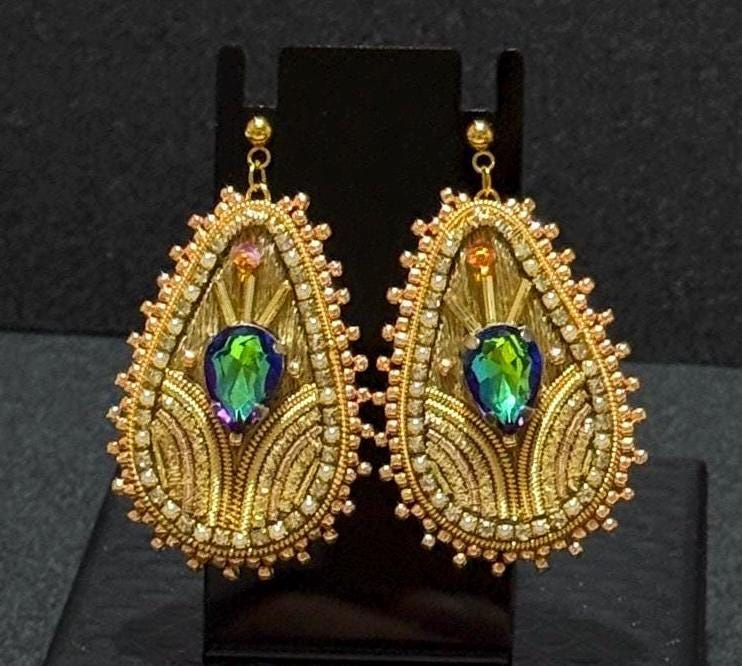 Handmade Gold Teardrop Earrings: Beaded Crystal Embroidered Statement Jewelry