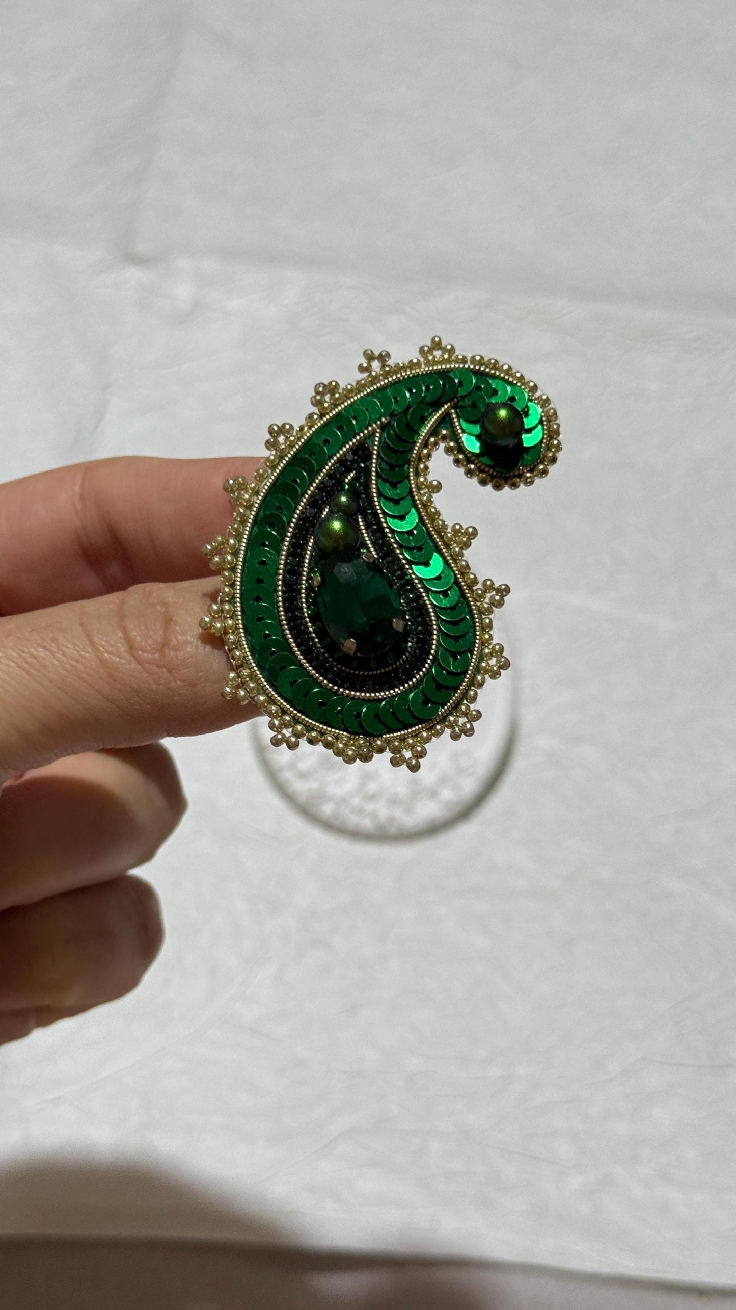 Handmade Green Paisley Brooch: Beaded Embroidery Statement Pin