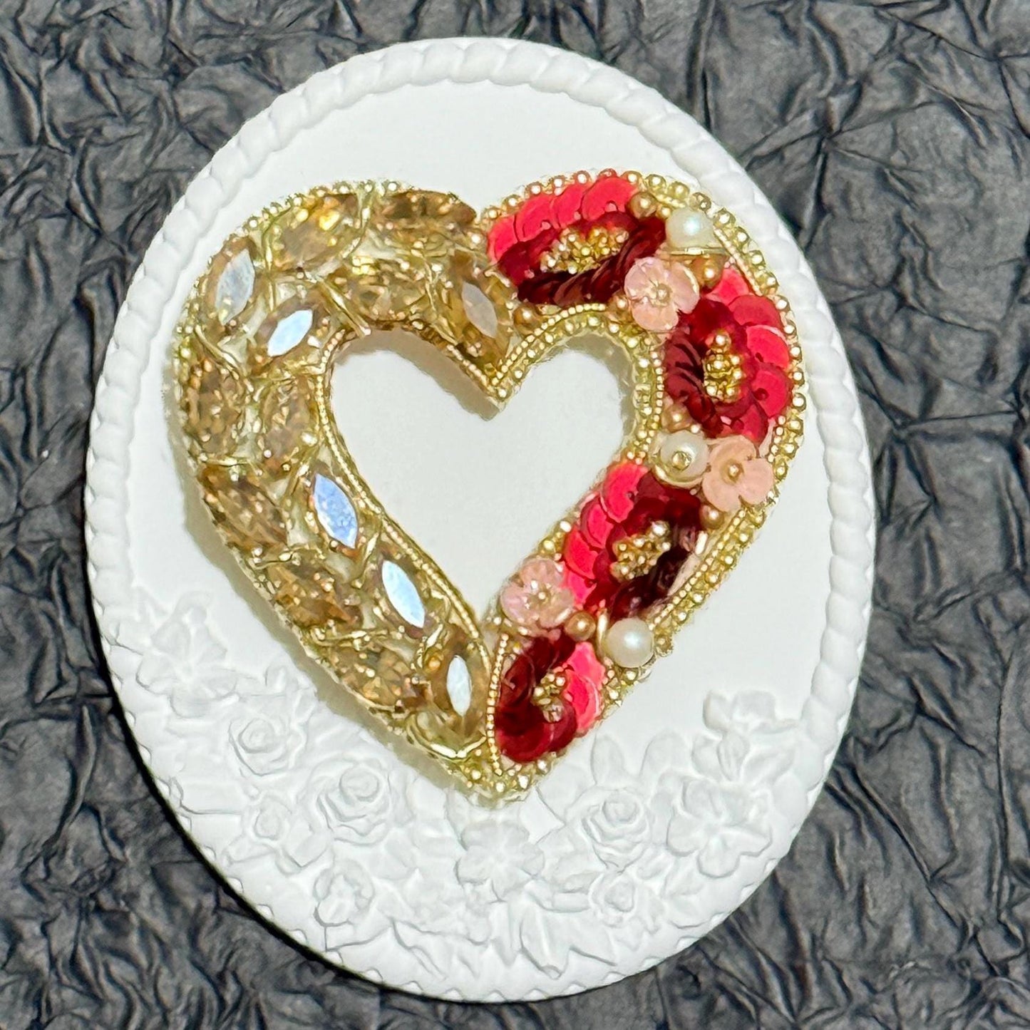 Handmade Beaded Heart Brooch: Gold & Red Valentine's Day Pin