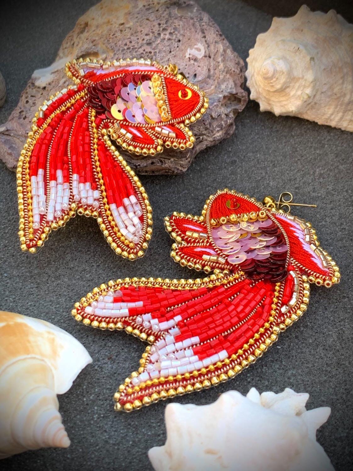 Handmade Beaded Goldfish Earrings: Red Sequin Statement Jewelry