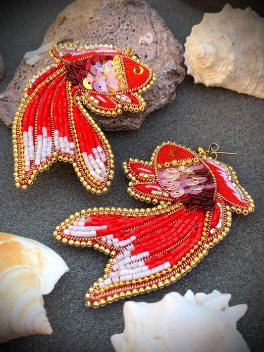 Handmade Beaded Goldfish Earrings: Red Sequin Statement Jewelry
