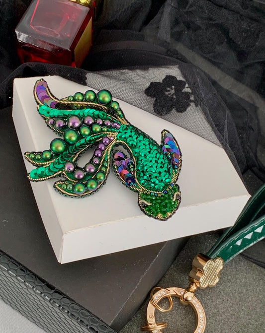Handmade Beaded Fish Brooch: Embroidered Green Koi Pin