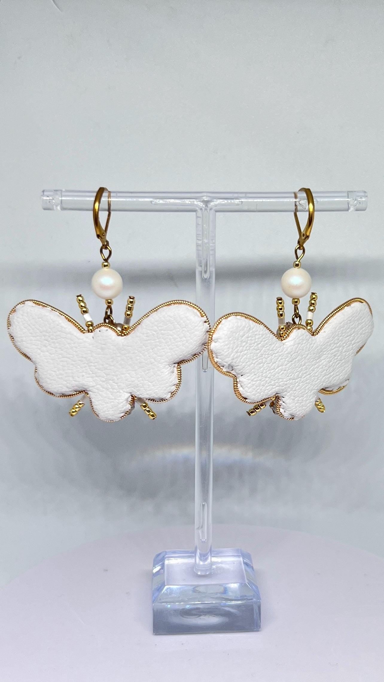 Handmade Beaded Bee Earrings: Opal Gemstone, White & Gold Jewelry