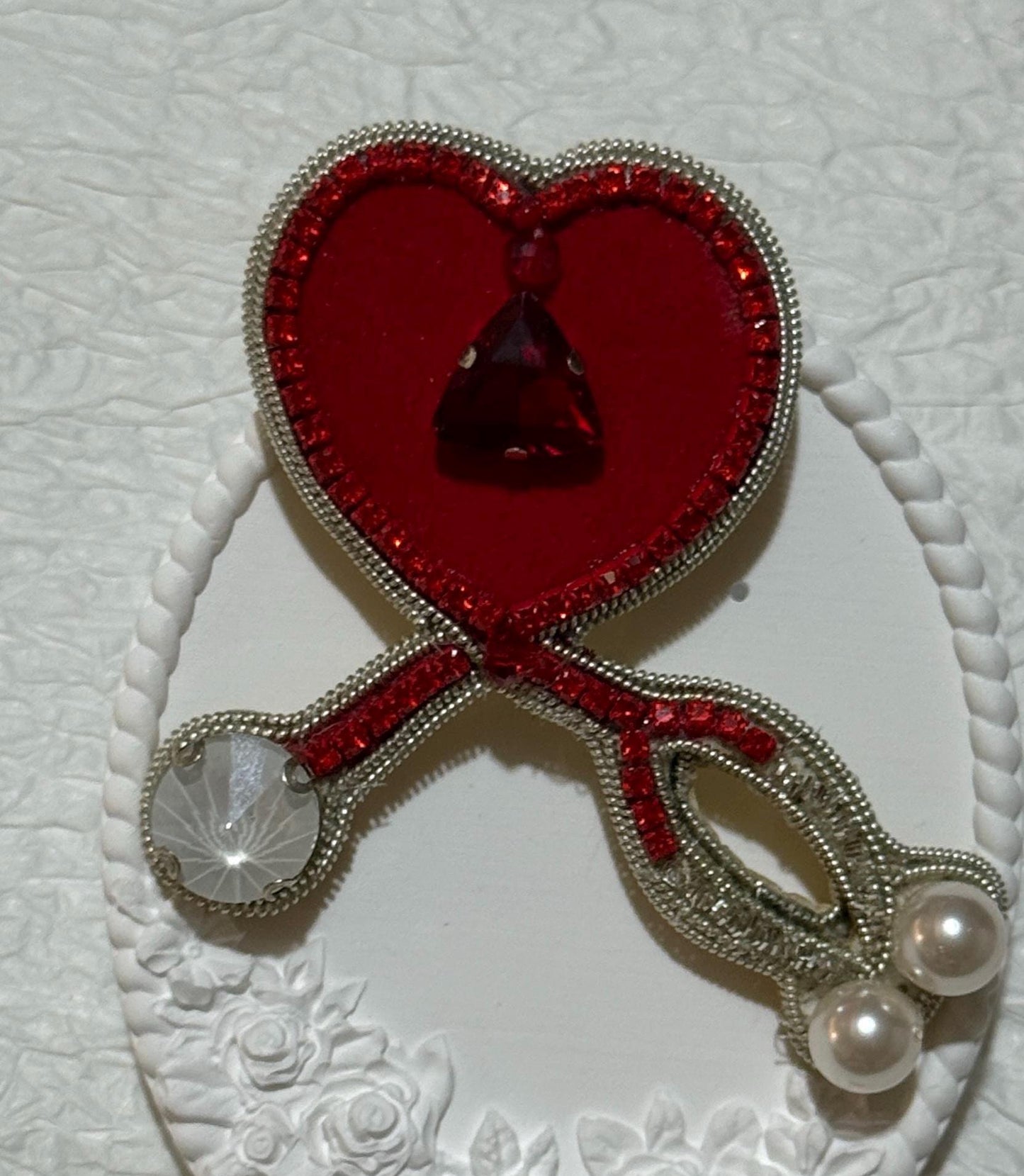 Handmade Beaded Stethoscope Brooch: Red Heart Medical Pin