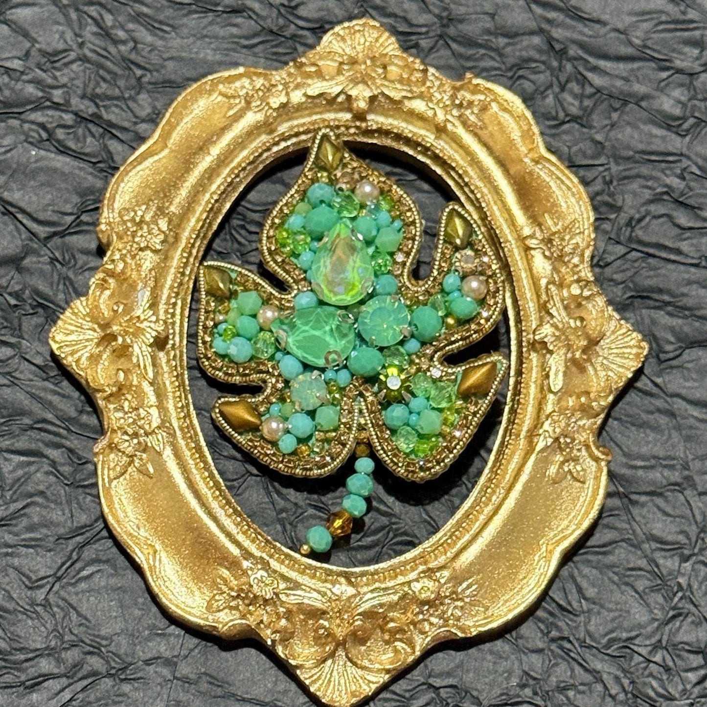Handmade Green Crystal Leaf Brooch: Beaded Nature Jewelry
