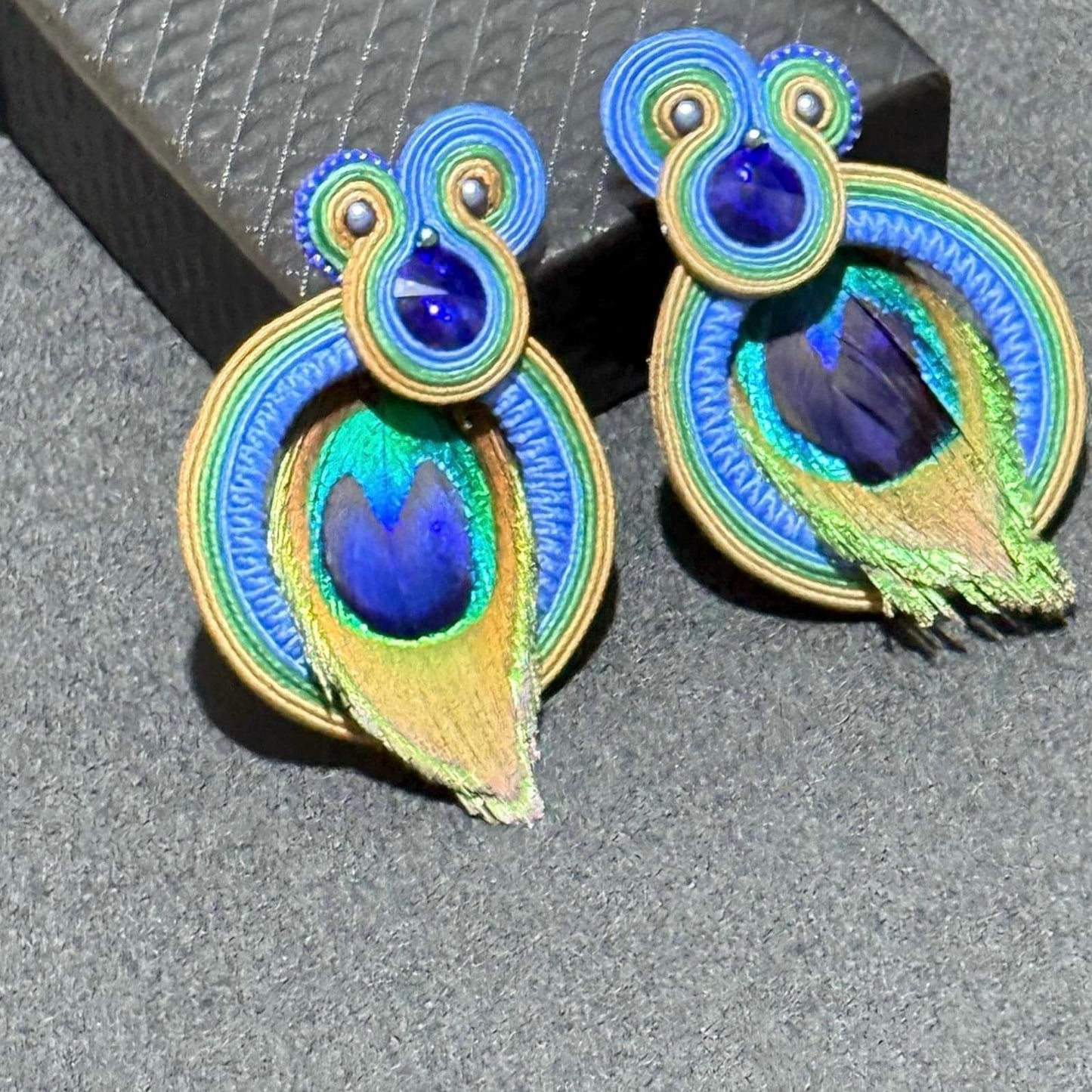 Handmade Peacock Feather Earrings: Soutache Bohemian Jewelry