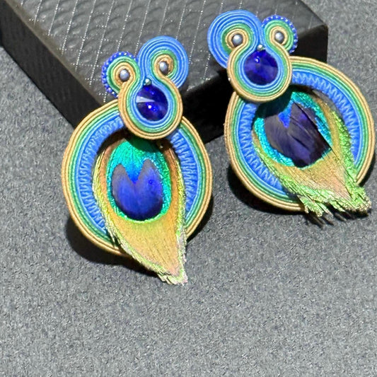 Handmade Peacock Feather Earrings: Soutache Bohemian Jewelry